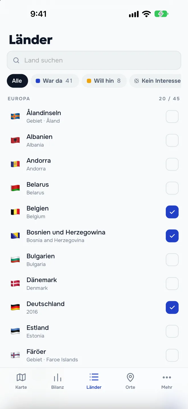 Länderliste mit Suche und Filtern