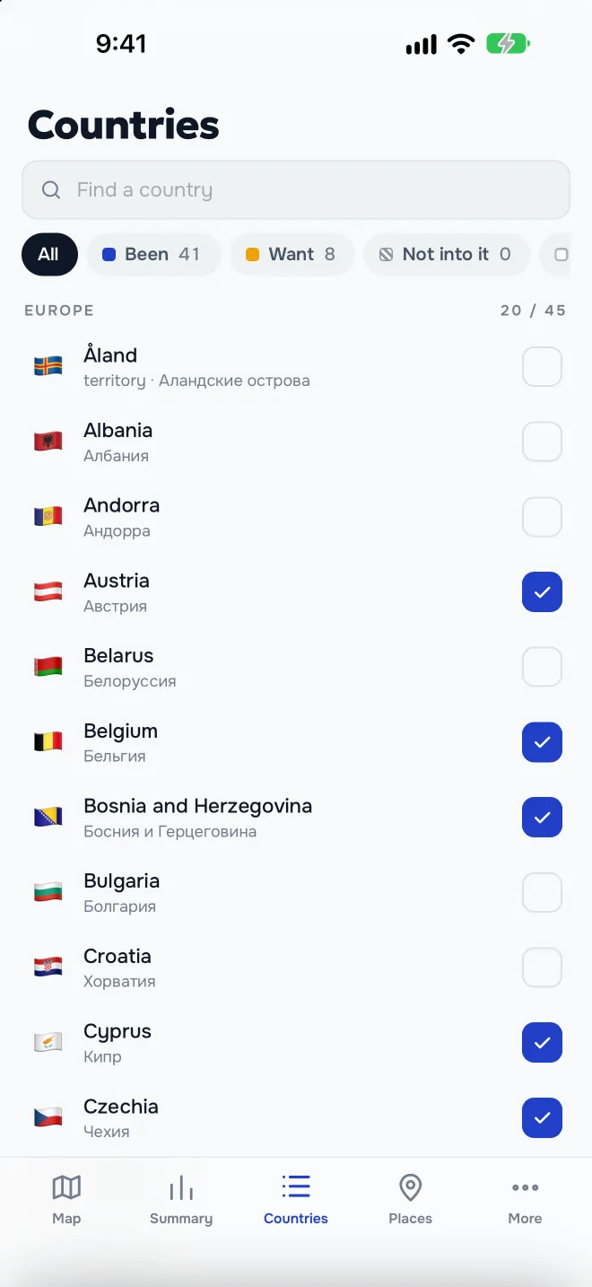 Country list with search and filters