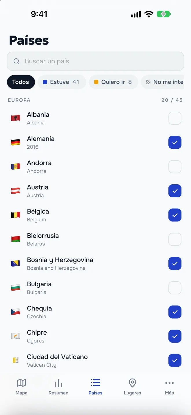 Lista de países con búsqueda y filtros