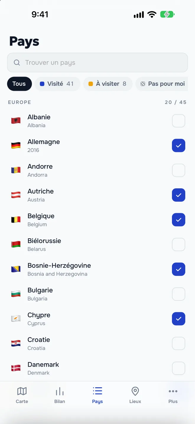 Liste des pays avec recherche et filtres