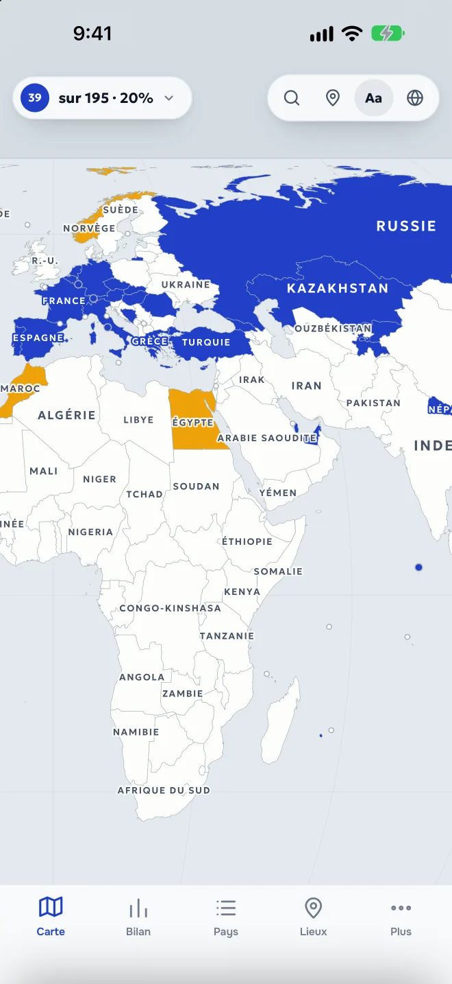 Carte du monde avec les pays visités colorés