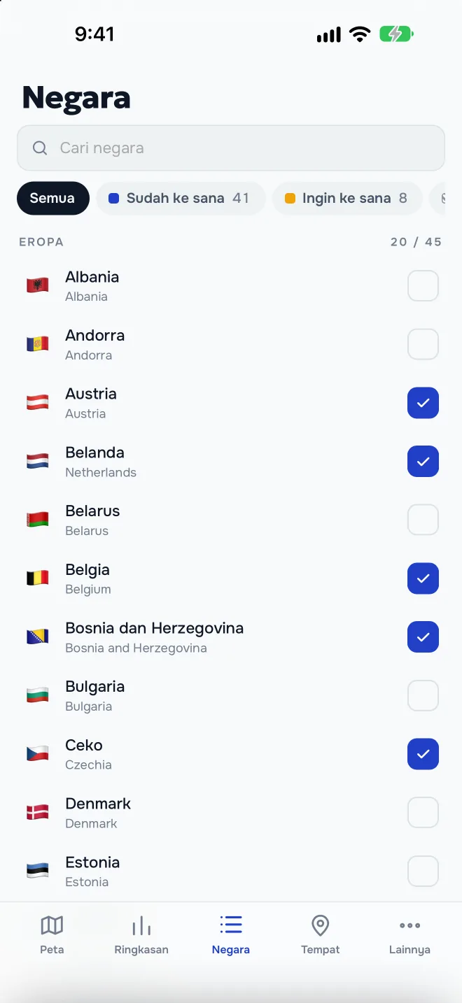 Daftar negara dengan pencarian dan filter