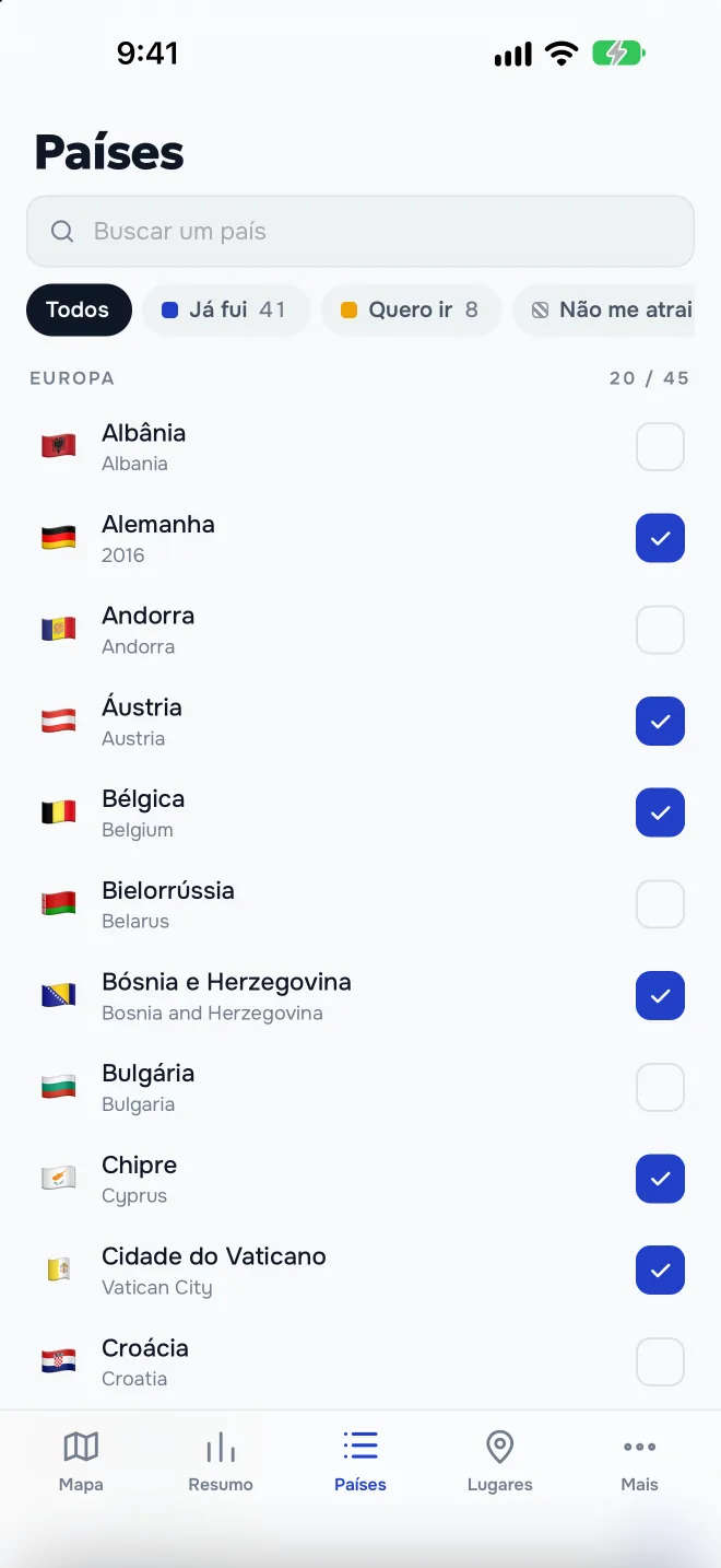 Lista de países com busca e filtros