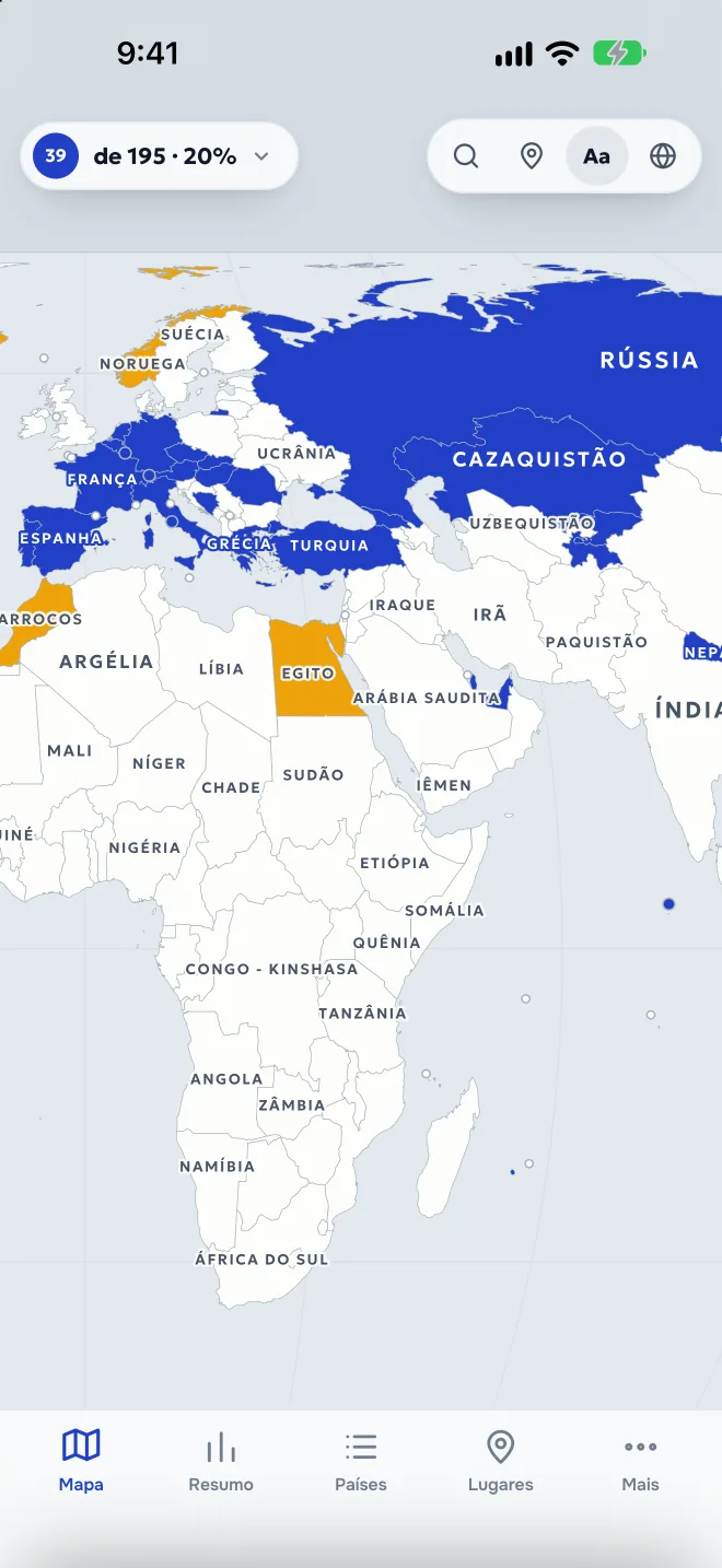 Mapa-múndi com os países visitados pintados