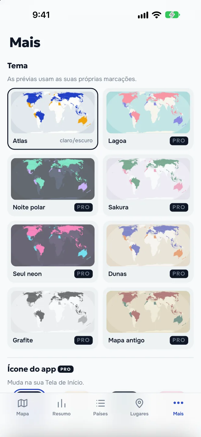 Temas do mapa e ícones do app