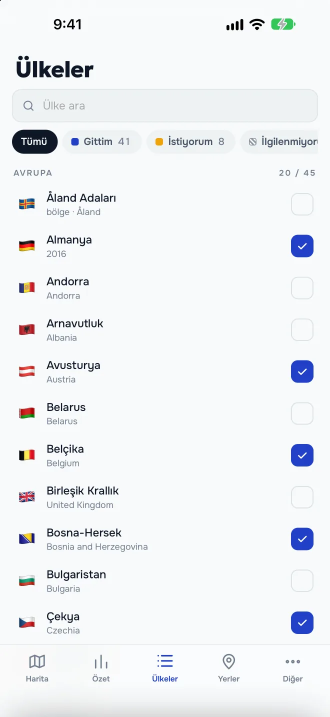 Arama ve filtreli ülke listesi